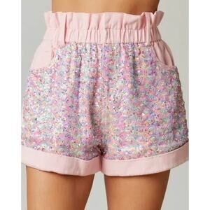 Fantastic Fawn Women’s Large Pink Sequin Color Block Paper Bag Denim Shorts